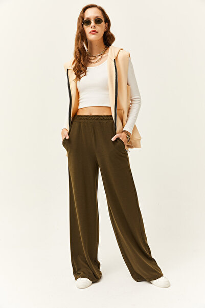 Olalook Dámské khaki kalhoty Palazzo se širokými kapsami PNT-19000247