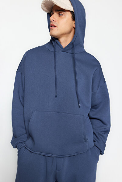 Trendyol Collection Hellblau Indigo Regular Fit Kapuzenpullover Warm Sweatshirt Trainingsanzug Set TMNAW24EM00002