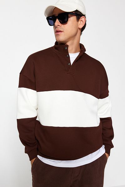 Trendyol Collection Farbe innen Fleece Braun Oversize SWeatshirt - Druckknopfkragen TMNAW24sw00160