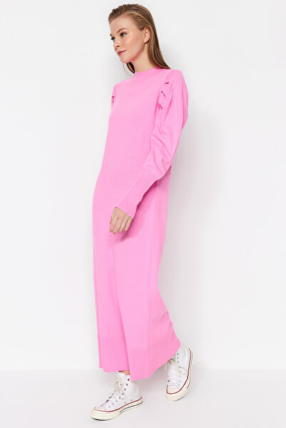 Trendyol Modest Ροζ μονόχρωμο πλεκτό φόρεμα - χωρίς επένδυση, TCTAW23EB00047