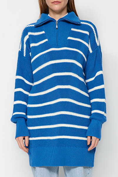 Trendyol Modest Blue Striped Collar Zippered Knitwear Sweater TCTAW24AK00037