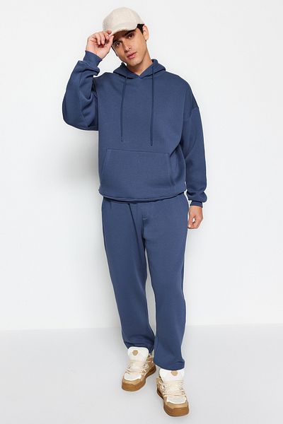 Trendyol Collection Faded Indigo Oversize/Wide Cut Kapuzenpullover Warm Sweatshirt Trainingsanzug TMNAW24EM00002