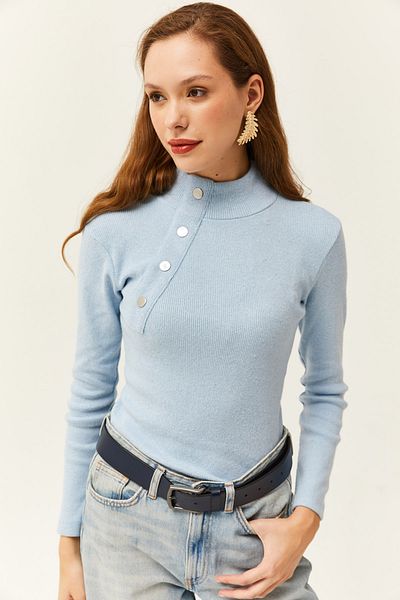 Olalook Dámská Baby Blue Button Detailní Polovina Fisherman Lycra halenka BLZ-19001608