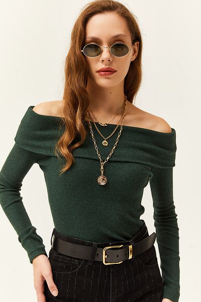 Olalook Női smaragdzöld Madonna gallérral kapucnis camisole blúz BLZ-19000615