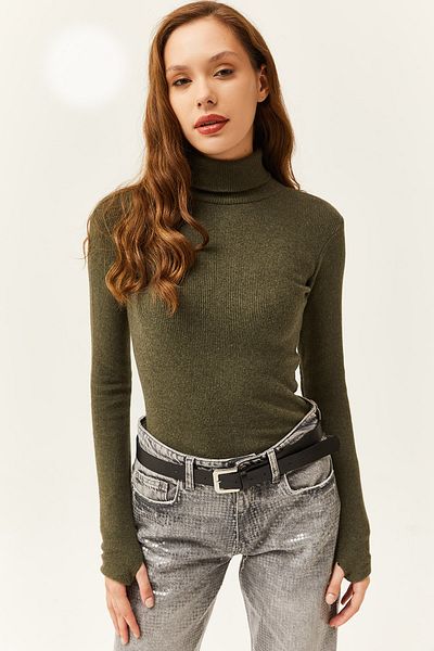 Olalook Női khaki garbó nyakú, részletes lycra blúz, BLZ-19001644