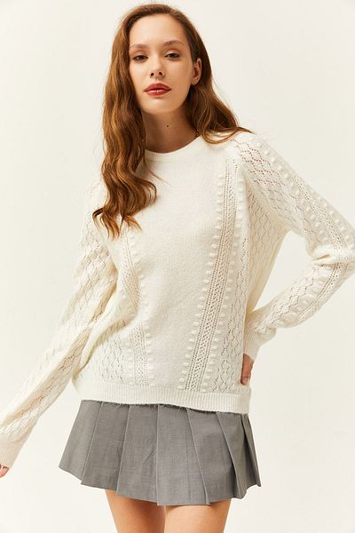 Olalook Women's Ecru Tiny Pompom Soft Textured Knitwear Sweater KZK-19000689