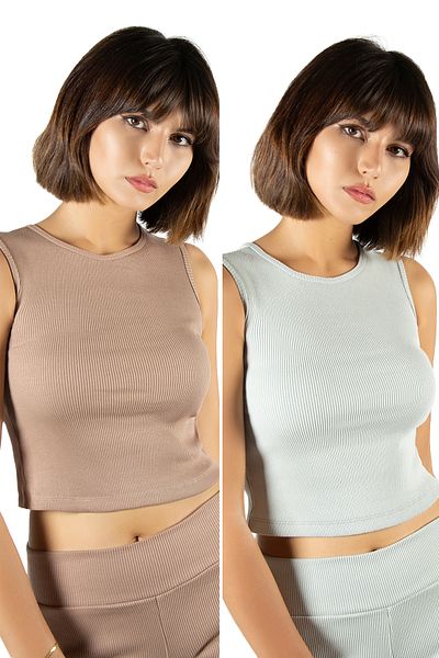 Terapi Men Pack of 2 Beige Green Fitted Crop Halter Neck Ribbed Stretch Knitted Blouse Athlete