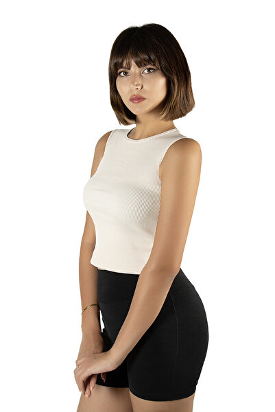 ADEGO Krem Fitted/Vücuda Oturan Crop Halter Yaka Fitilli Esnek Örme Bluz Atlet