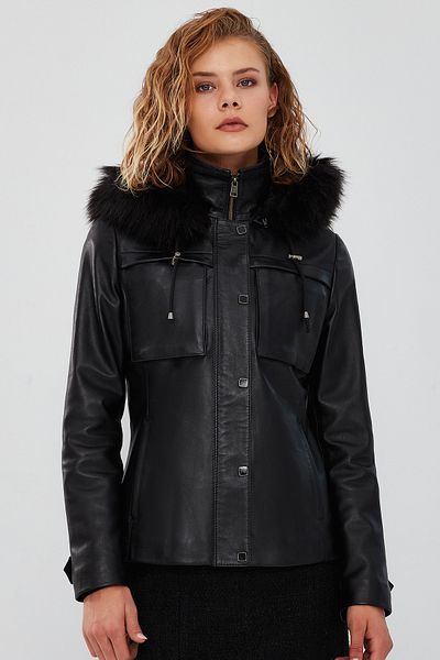 Derimod Elenor Women's Black Leather Hooded Coat