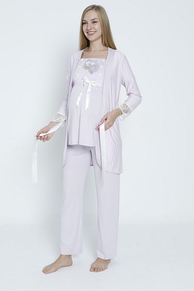Miss Dünya Lissa Lilac White Stripe Patterned Maternity and Maternity Pajamas Set with Dressing Gown