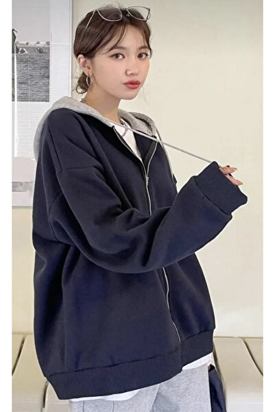 Köstebek Hooded Navy Blue Basic Thick Fabric Zippered Oversize (Unisex) Hooded Sweatshirt
