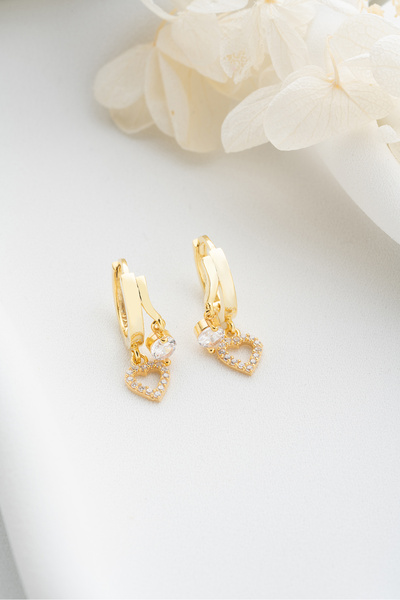 Silvano Jewelry 925 Ayar Gümüş Çift Kalp Taşlı Küpe