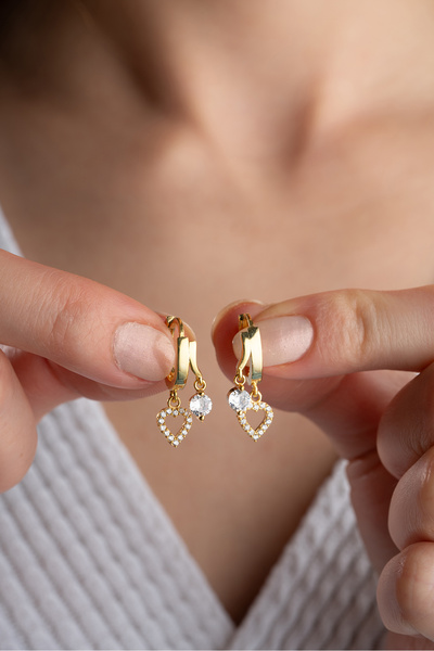 Silvano Jewelry 925 Ayar Gümüş Çift Kalp Taşlı Küpe