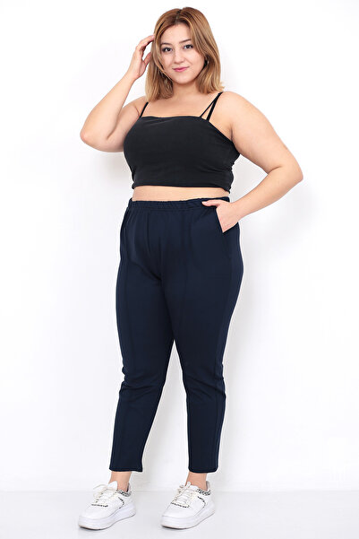 Lamirella Women's Navy Blue High Waist Plus Size Mother Pants with Carrot Cut Pockets