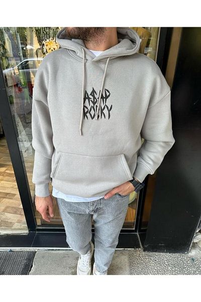 Black Sokak Gray Asap Rocky Printed Oversize Hooded Men's Sweatshirt.