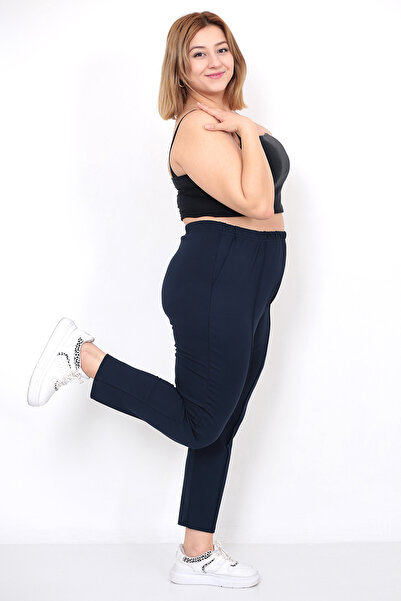 Lamirella Women's Navy Blue High Waist Plus Size Mother Pants with Carrot Cut Pockets