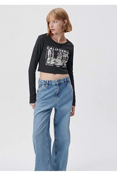 Mavi Long Sleeve Printed Women's T-Shirt - Charcoal