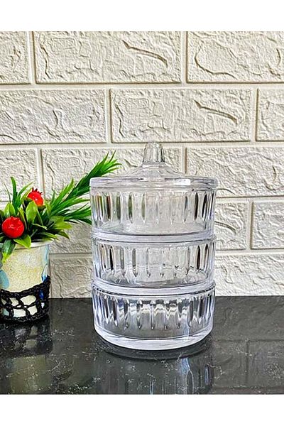 Jenisa Glass Pupa Lid 3 Piece Sugar Bowl Cookie Holder 14X21 Cm