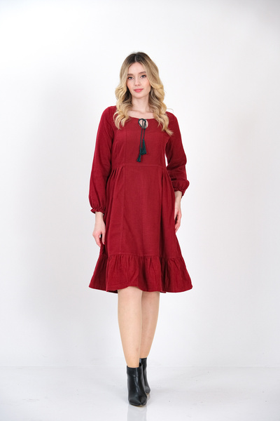İna Claret Red Winter Dress with Straight Flannel Collar and Elastic Sleeve S...