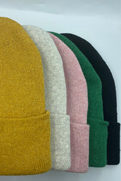 KISCHE Unisex Düz Basic Katlamalı Kışlık 5'li Bere Takımı