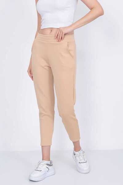 KZN MODA Kadın Bej Yüksek Bel Havuç Kesim Scuba Eşofman Pantolon