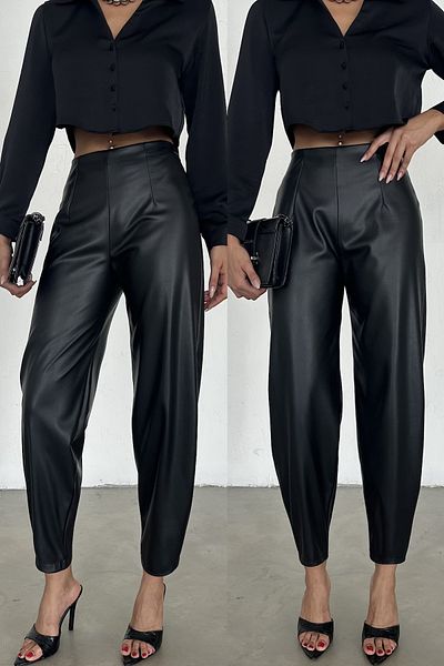 FEMELLE Pantaloni elastici din piele cu balon cu nervuri, negri, cu talie elastică