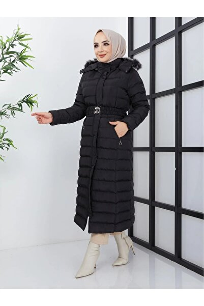 KMKkombin Kadın Tam Boy Uzun Yoğun Elyaflı Kapşonu Kürklü Tesettür Şişme Mont