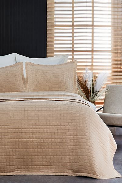 Evlen Home Collection مفرش سرير قطن مزدوج جاكار حقيقي 3 قطع مخطط سادة سادة مهر كابتشينو