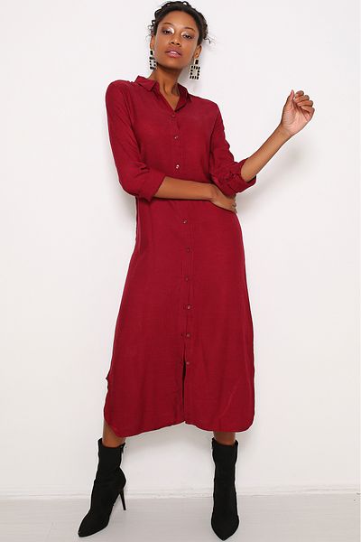 AVORWE Front Buttoned Shirt Collar Midi Dress