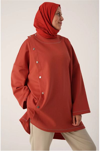 SYG Glittery Stripe Collar Snap Detailed Oversize Tunic 53019Orange
