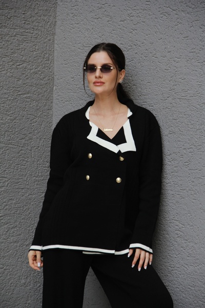 Julishop Set aus zweireihiger Strickjacke und Acrylhose mit vier Knöpfen in Schwarz und Gold