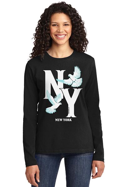 ROCKANDROLL Tricou de damă din bumbac pieptănat cu mânecă lungă cu gât negru Ny Pigeons