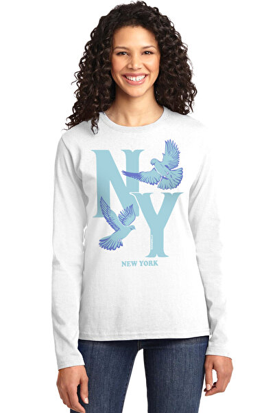 ROCKANDROLL Ny Güvercinleri Beyaz Bisiklet Yaka Uzun Kollu Kadın Penye T-shirt