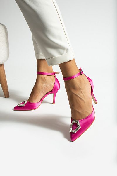 La Limar Pantofi cu toc pentru femei Limar Fuchsia Satin Stone, cu cureaua la gleznă, 8,5 cm, cu vârf ascuțit