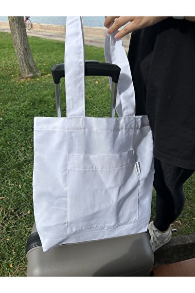 Sumicorn Design Soft Beyaz Çevre Dostu Bez Çanta,Cepli Keten Kol Ve Omuz Çantası Alışveriş Çantası