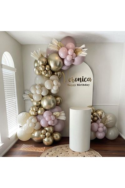 Çemrek Süs Parti White Gold Chrome Sea Sand Retro Powder Pink Balloon Chain Set 100pcs balloons and chains