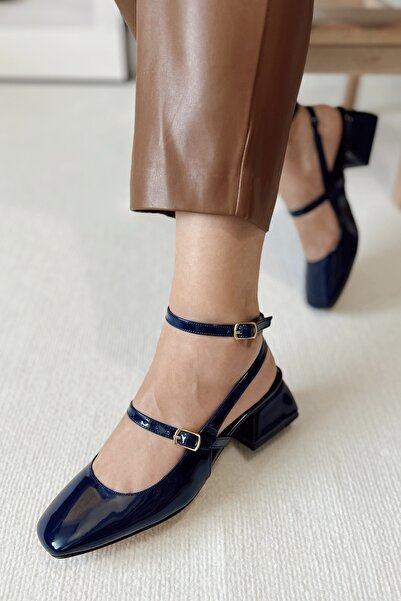 POLKA STORE Women's Mary Jane Navy Blue Patent Leather Open Back Square Toe Helmet Short Block Heeled Shoes