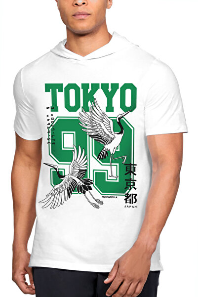 ROCKANDROLL Tricou pentru bărbați cu mânecă scurtă cu glugă albă Tokyo 99