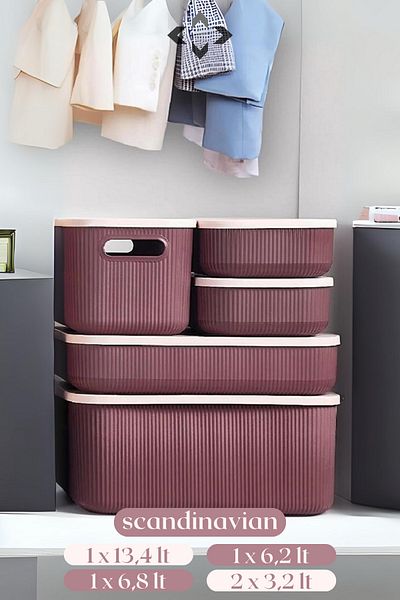 LİGROUND Scandinavian 5-Piece Lilac Multi-Purpose Storage Box with Lid - Organizer - Basket - Organizer Set
