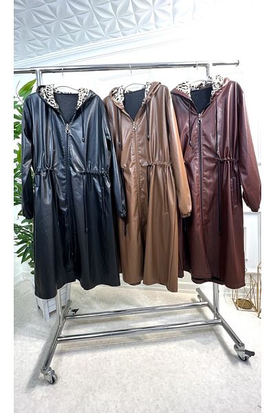 Aşkı Endam Plus Size Benna Gathered Waist Hooded Intermediate Leather Trench - Black