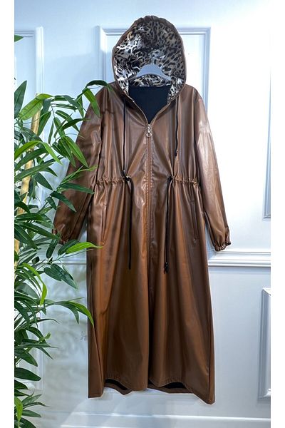 Aşkı Endam Plus Size Lema Waist Gathered Hooded Full Length Δερμάτινο Trench - Μαύρισμα