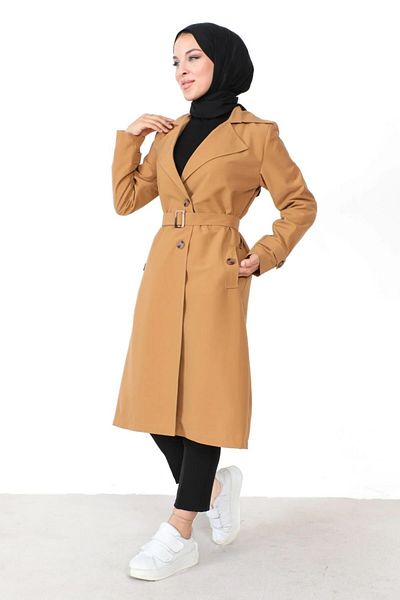 Aşkı Endam Plus Size Sitara Water Repellent Button Λεπτομερής Φόδρα Trench - Μαύρισμα