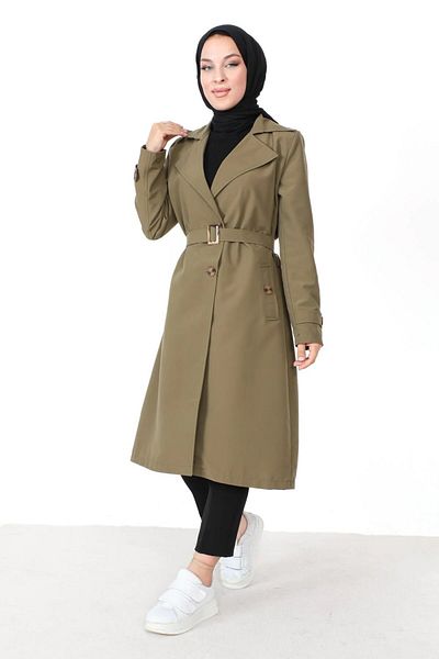 Aşkı Endam Plus Size Sitara Water Repellent Button Λεπτομερής φόδρα Trench - Χακί