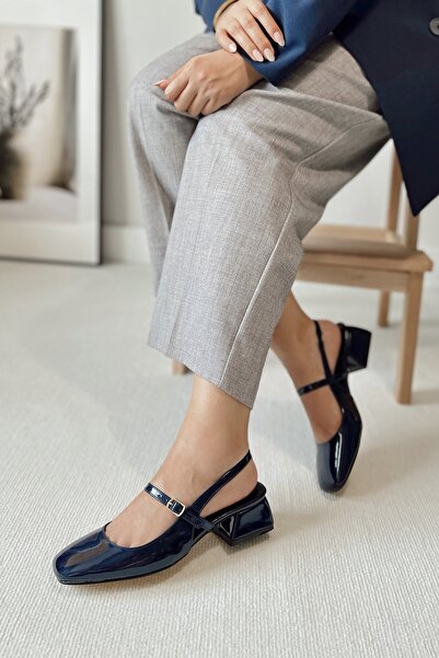 POLKA STORE Women's Audrey Navy Blue Patent Leather Open Back Square Toe Helmet Short Block Heeled Shoes