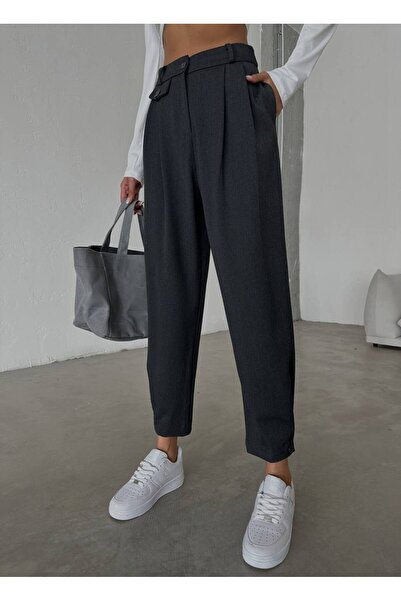 Pulli Collection Pantaloni de damă cu talie înaltă, model balon, cu detaliu cu nasturi