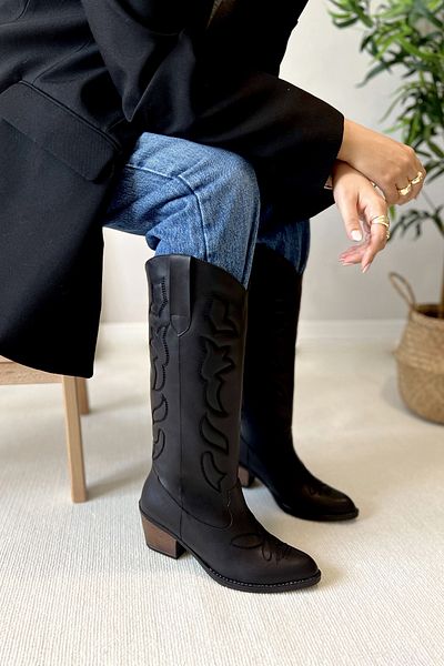 POLKA STORE Texas Κεντημένες Μακριές Γυναικείες Μπότες Cowboy Μαύρες Western