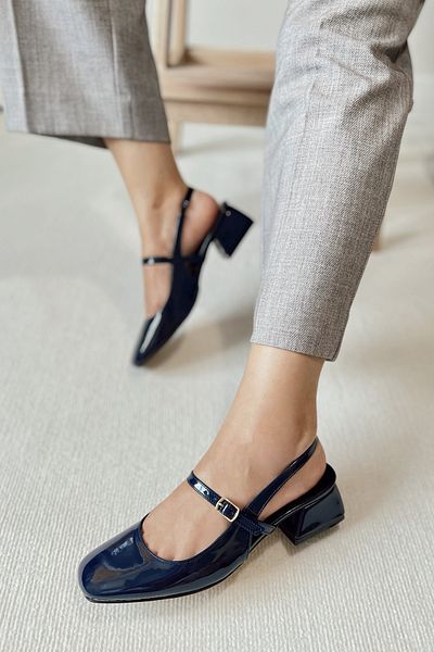 POLKA STORE Women's Audrey Navy Blue Patent Leather Open Back Square Toe Helmet Short Block Heeled Shoes