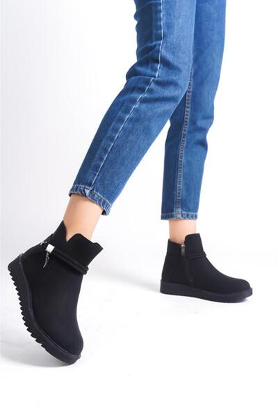 LEVOSHOES 9003KL-KADIN YANDAN FERMUAR DETAYLI İPLİ TOKALI ORTOPEDİK SPOR BOT SİYAH SÜET