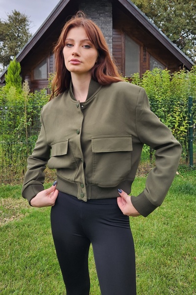 bayansepeti Çıt Çıt Düğme Kapamalı Geniş Cepli 50 Cm Haki Bomber Ceket 24k54404