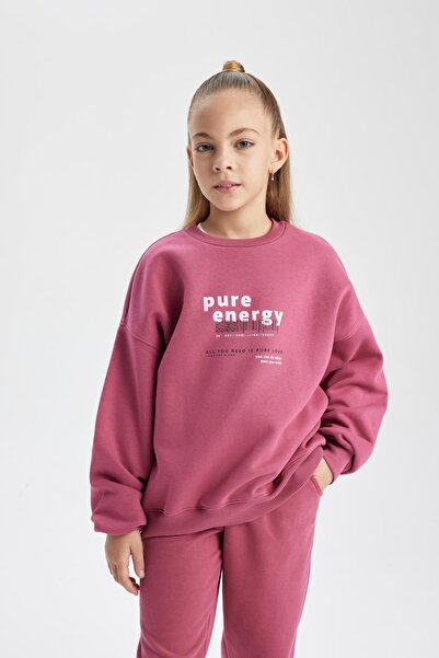 DeFacto Kız Çocuk Oversize Fit Bisiklet Yaka İçi Yumuşak Tüylü Kalın Sweatshirt